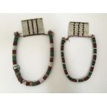 Two 19th century African glass beaded Love Letter necklaces in alternating colours of green,