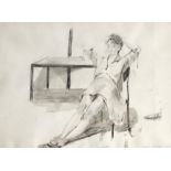 BETTY HECKFORD, framed, signed, dated 1985, titled ‘angela’, mixed media, woman sitting on chair