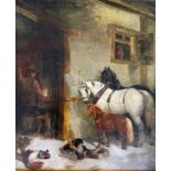 A William Watson 1864 oil on canvas, blacksmith and horses with ducks and chicken to base, signed