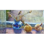 Two BETTY HECKFORD, one framed, signed, oil on canvas, titled ‘Onions and Poppy Heads’ on verso,