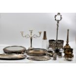 A collection of plated ware, to include a three tier candlestick, a cup, a butter dish, a wine