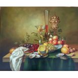 A still life oil on canvas painting of various fruits etc, signed and framed. Approx. 63.5cm x 52.