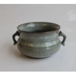 A Chinese Celadon crackle-glazed two handle bowl/censer with Spink & Son LTD auction label to