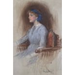 Percy F.S. Spence watercolour portrait of a young woman in a chair, with a blue scarf in her