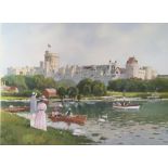 An AW Smith watercolour painting depicting a scene by a large lake with castle buildings in the