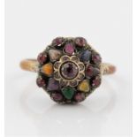 * A tiered multi-gemstone cluster ring, stamped 14k, ring size N½.