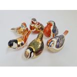 Six Crown Derby gold button bird ornaments.