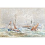 THOMAS BUSH HARDY, framed, signed, dated 1891, watercolour on paper, fishing boat at sea with pier