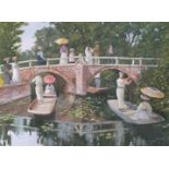 An AW Smith watercolour painting depicting a lake scene with ladies and gentlemen rowing and