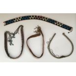 Four 19th century African glass beaded belts in various patterns, such as triangle decorated with