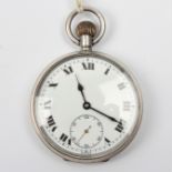A silver crown wind open face pocket watch, the white enamel dial having hourly Roman numeral
