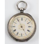 A ladies fob watch, the white enamel dial having hourly Roman numeral markers, with minute track
