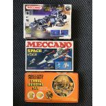 Three Meccano box sets to include Crane Building Set, Space 2501 set and Space X-plorer set