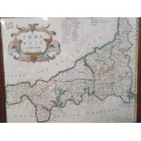 A hand-coloured map of Cornwall by Robert Morden. Framed and glazed, approx 42cm.