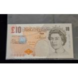 Five uncirculated, consecutive ten pound notes. Chief cashier Merlyn Lowther. Numbers AA17 361342