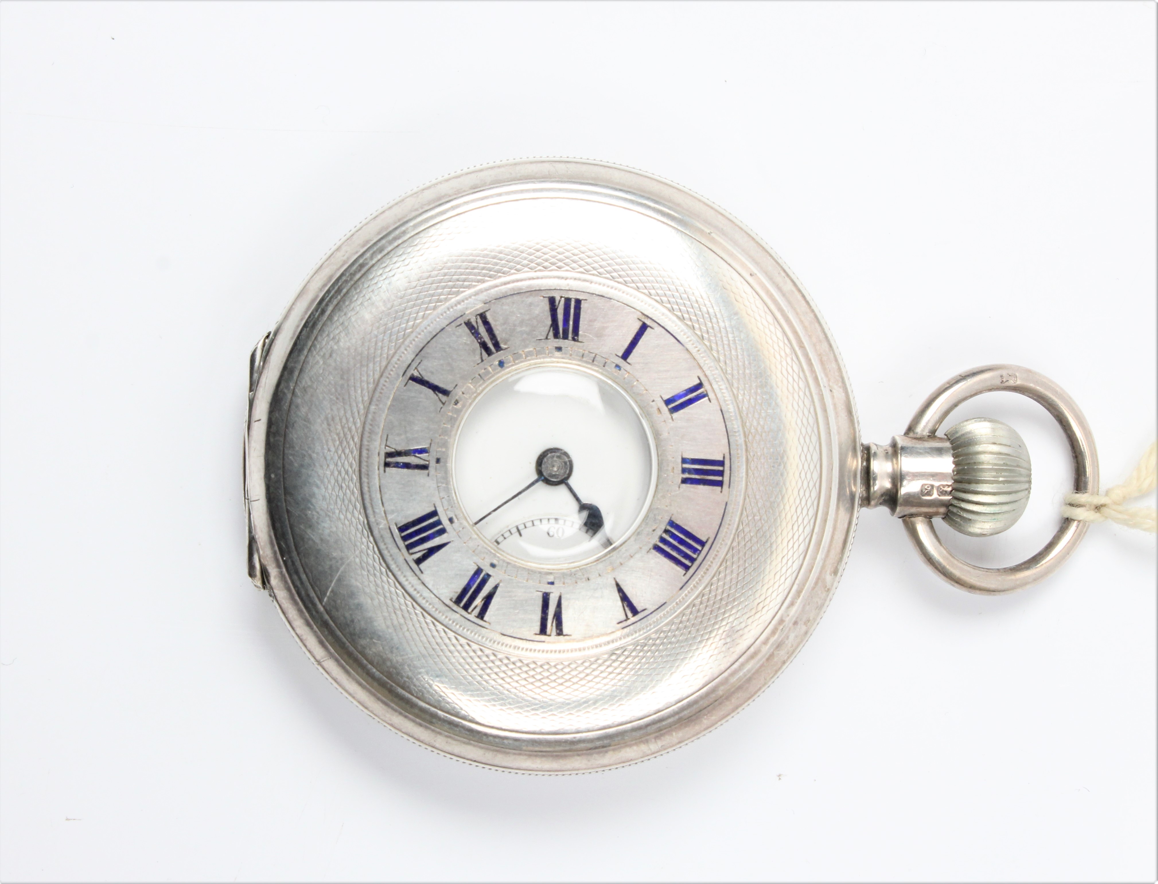 A silver crown wind half hunter pocket watch, the white enamel dial having hourly Roman numeral - Image 2 of 2