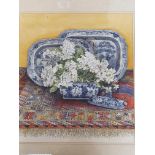 JANE WATKINS. Watercolour and paper still life of white flowers in blue and white terrine with two