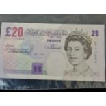 Two uncirculated, consecutive twenty pound notes. Chief cashier Merlyn Lowther. Numbers AA11