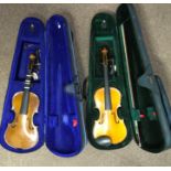Two violins in cases, to include ‘The Stentor Student ST’ and ‘The Stentor Student I’.