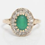 A hallmarked 9ct yellow gold green chalcedony and diamond cluster design ring, ring size O