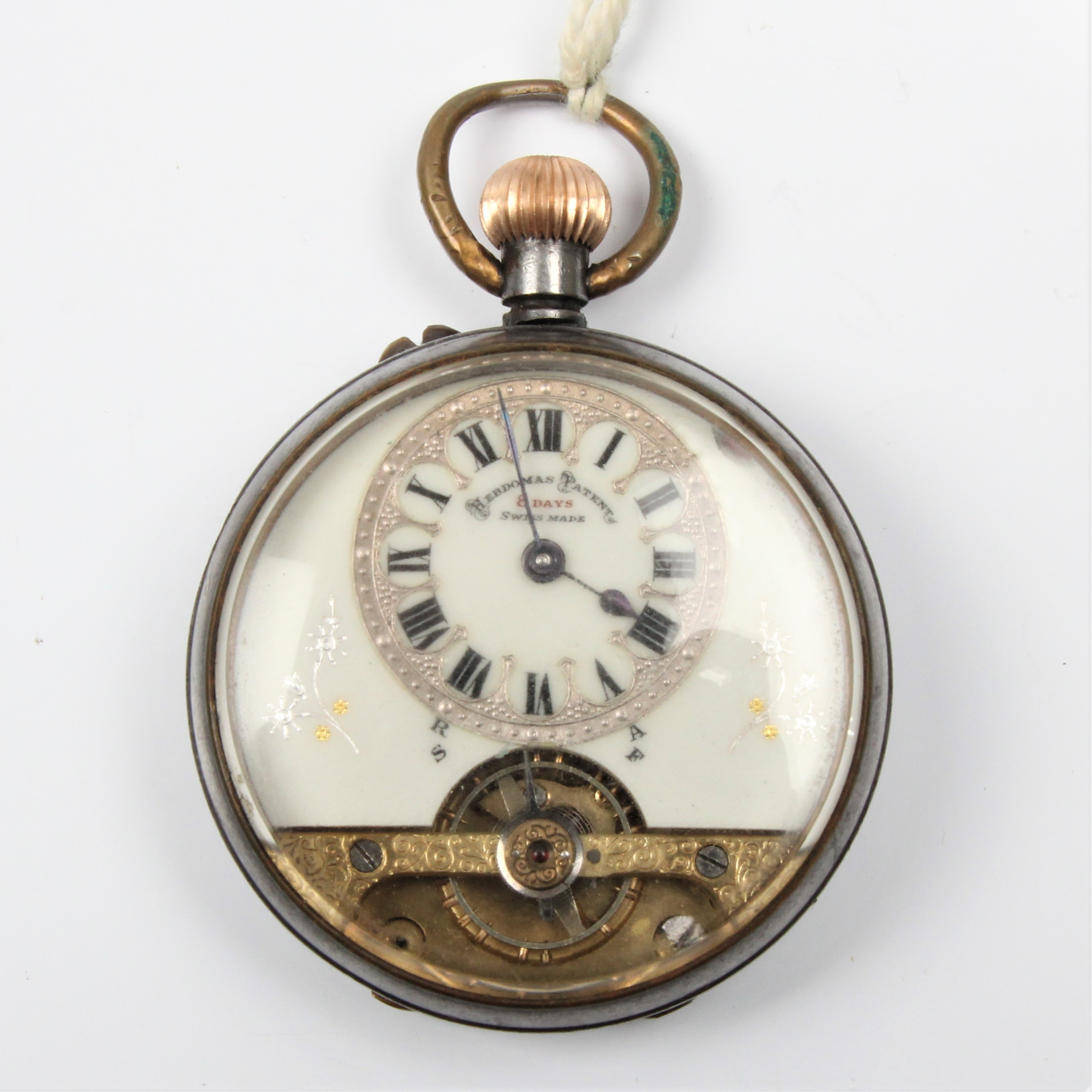 A Hebdomas Patent 8 day pocket watch, the white enamel dial having hourly Roman numeral markers,