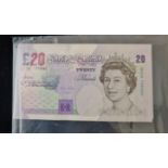 Five uncirculated, consecutive twenty pound notes. Chief cashier Merlyn Lowther. Numbers BK58 786084