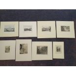 A collection of 8 etchings, to include 'Rhaiadyr-y-wenol', 'Dolgellau', 'Tripoli', 'landscape with