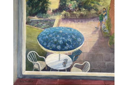 Two BETTY HECKFORD, one framed, signed, oil on canvas, titled ‘Blue Umbrella’ on verso, blue - Image 1 of 5