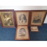 A collection of portrait prints, together with a photograph of a group of men. Largest approx.