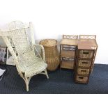 A selection of various wicker ware to include basket, chair, three-tier tables and stand.