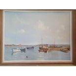 A. J. HUNT. Oil on canvas painting of a harbour scene titled 'Keyhaven Jetty', verso label to