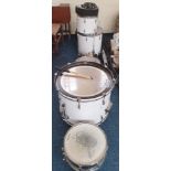 A full set of pearl white cased drum set with stands, sticks, twelve Cymbals to include several