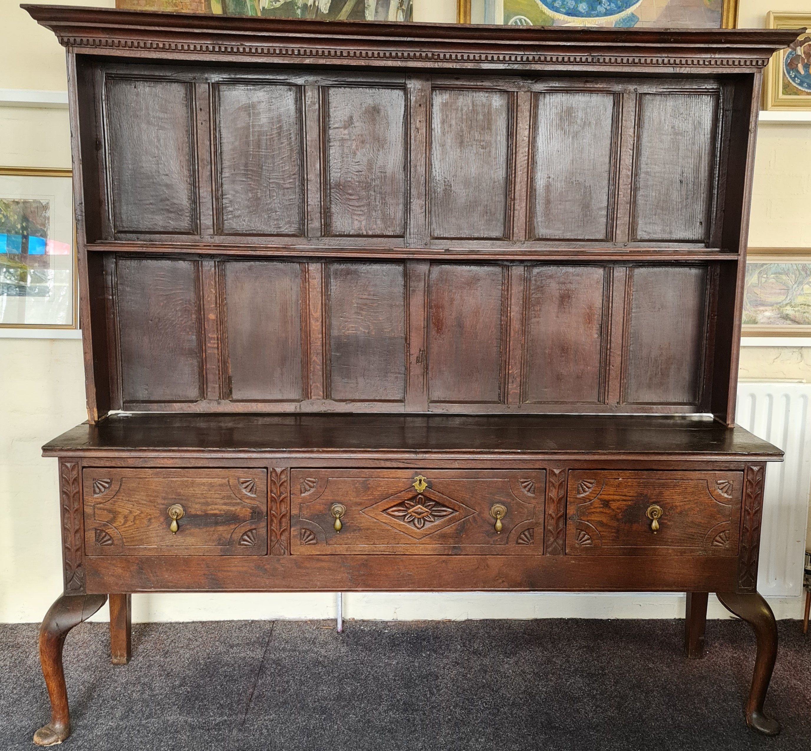 Late 18th century kitchen dresser fitted with three drawers to front on Queen Anne style legs,