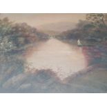An oil on canvas landscape painting of a river with a sail boat and bridge in distance. Approx. 49.