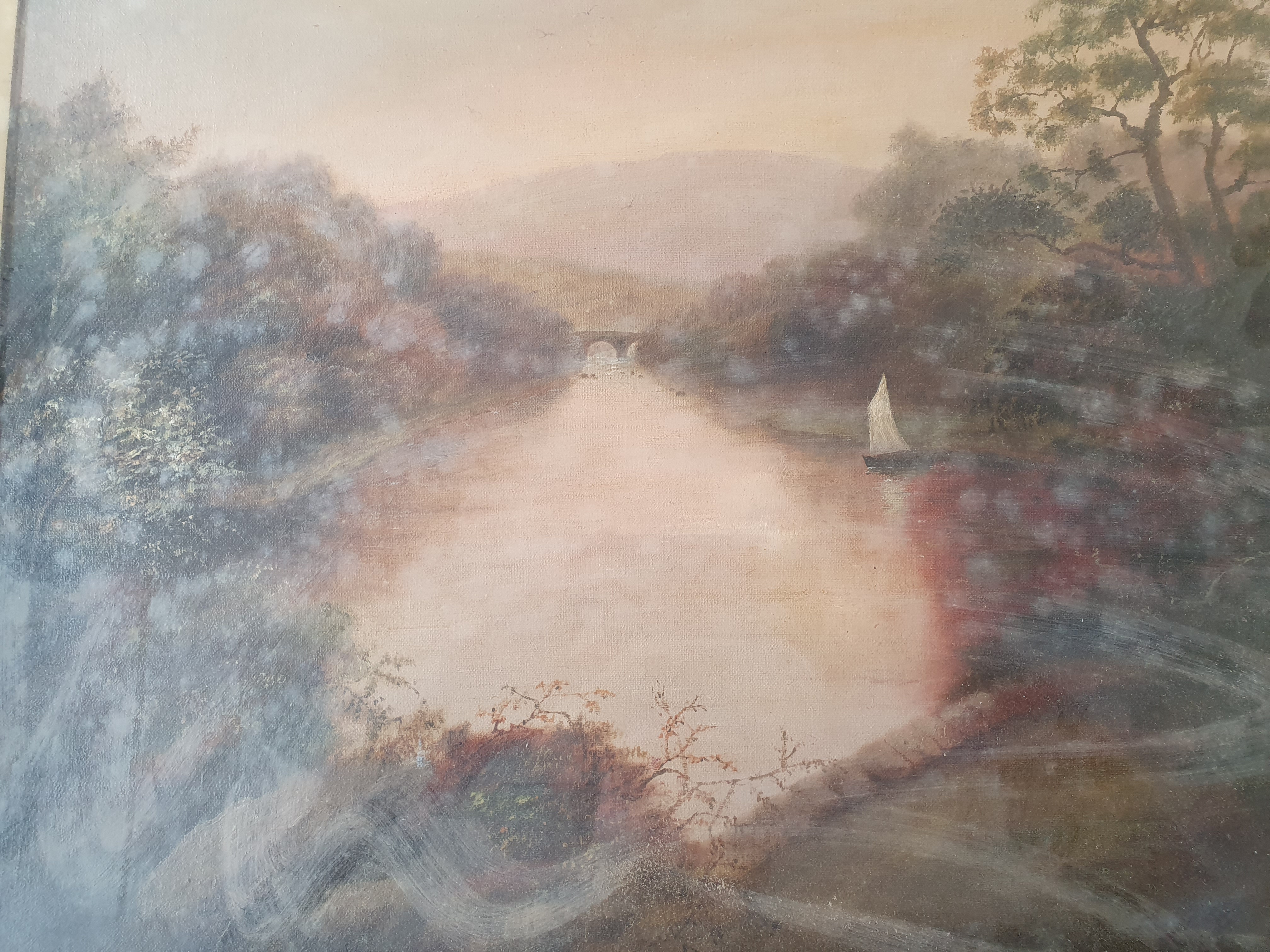 An oil on canvas landscape painting of a river with a sail boat and bridge in distance. Approx. 49. - Image 3 of 3