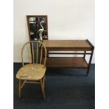 A teak adjustable table, a teak mirror and a plywood seat chair.