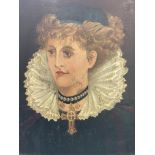 An oil on board portrait painting of a lady wearing a cross, signed top right corner. Approx. 33cm x