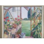 Two BETTY HECKFORD, one oil on canvas depicting the side of a house through a greenhouse, together