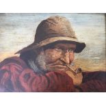 A portrait painting of an old man wearing a hat and smoking a pipe, signed and framed. Approx.