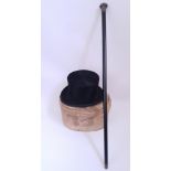 A silver topped black gentleman's cane together with a Superior Manfuacture London Top Hat.