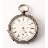 An open face key wind pocket watch, the white enamel dial having Roman numeral markers and