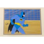 An original hand-painted animation cell used in the production of Batman, signed by Bob Kane.