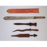 African 'Maasai' sword with scabbard, together with three African Knives. Approx. Length 55cm