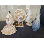 Four figures to include Royal Doulton and Royal Worcester plate and one Royal Copenhagen vase.