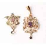 Two Edwardian seed pearl and gemstone set pendants, one stamped 9ct.