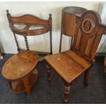An oak umbrella stand hall chair small table mirror and two 19th century chairs.