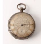 A Victorian silver open face key wind pocket watch, the decorative dial having Roman numeral