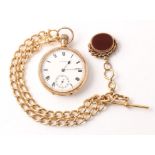 A 9ct yellow gold Waltham open face crown wind pocket watch, the white enamel dial having hourly