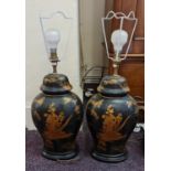 A pair of porcelain Japanese lacquerware style lamp base with shades.