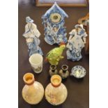 A collection figures blue and white clock parrot glass vases.